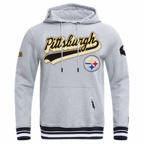 NFL PITTSBURGH STEELERS SCRIPT TAIL MEN'S RIB FLC PO HOODIE (HEATHER GRAY/BLACK)