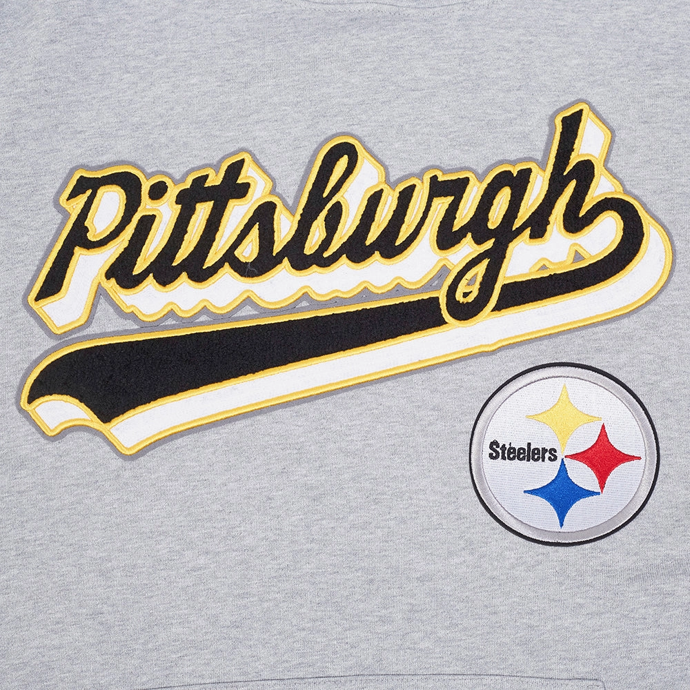 NFL PITTSBURGH STEELERS SCRIPT TAIL MEN'S RIB FLC PO HOODIE (HEATHER GRAY/BLACK)
