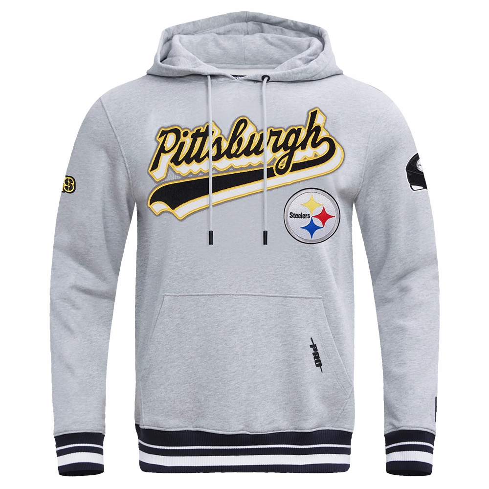 NFL PITTSBURGH STEELERS SCRIPT TAIL MEN'S RIB FLC PO HOODIE (HEATHER GRAY/BLACK)