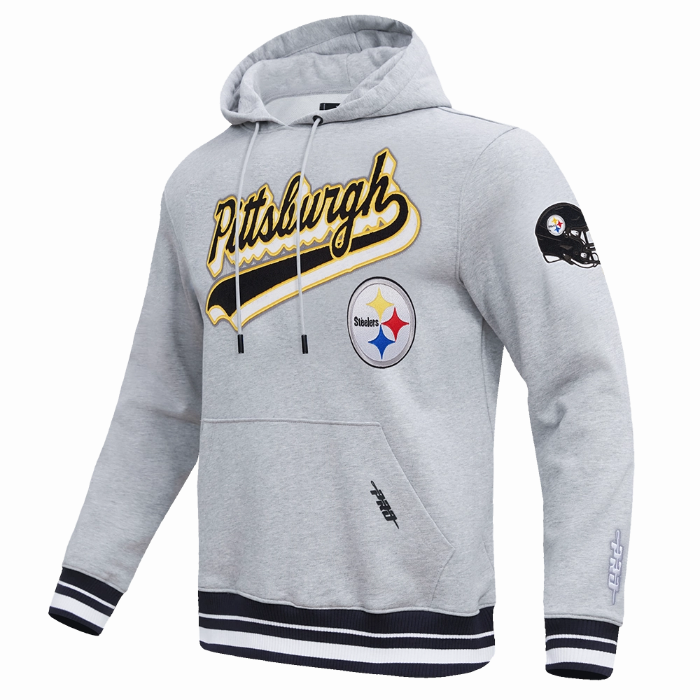 NFL PITTSBURGH STEELERS SCRIPT TAIL MEN'S RIB FLC PO HOODIE (HEATHER GRAY/BLACK)