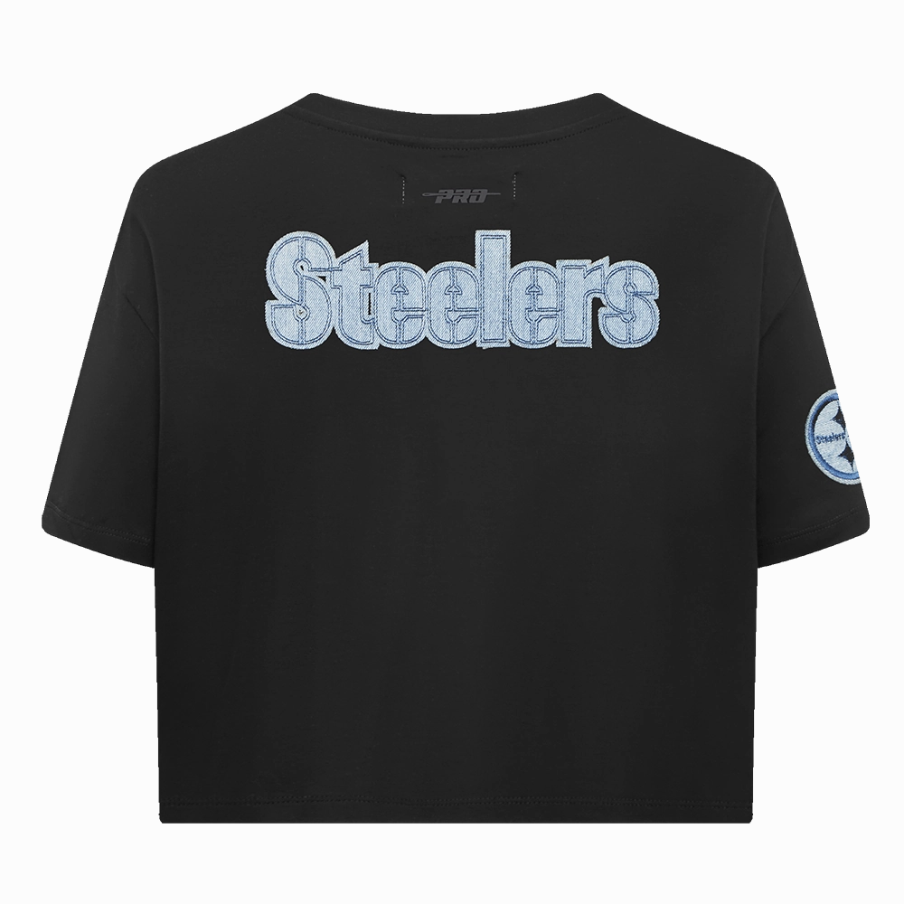 NFL PITTSBURGH STEELERS VARSITY BLUES WOMEN'S BOXY TEE (BLACK)