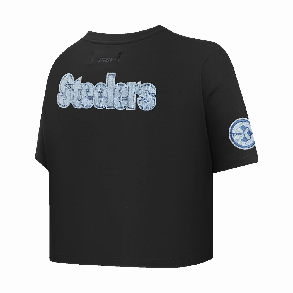 NFL PITTSBURGH STEELERS VARSITY BLUES WOMEN'S BOXY TEE (BLACK)
