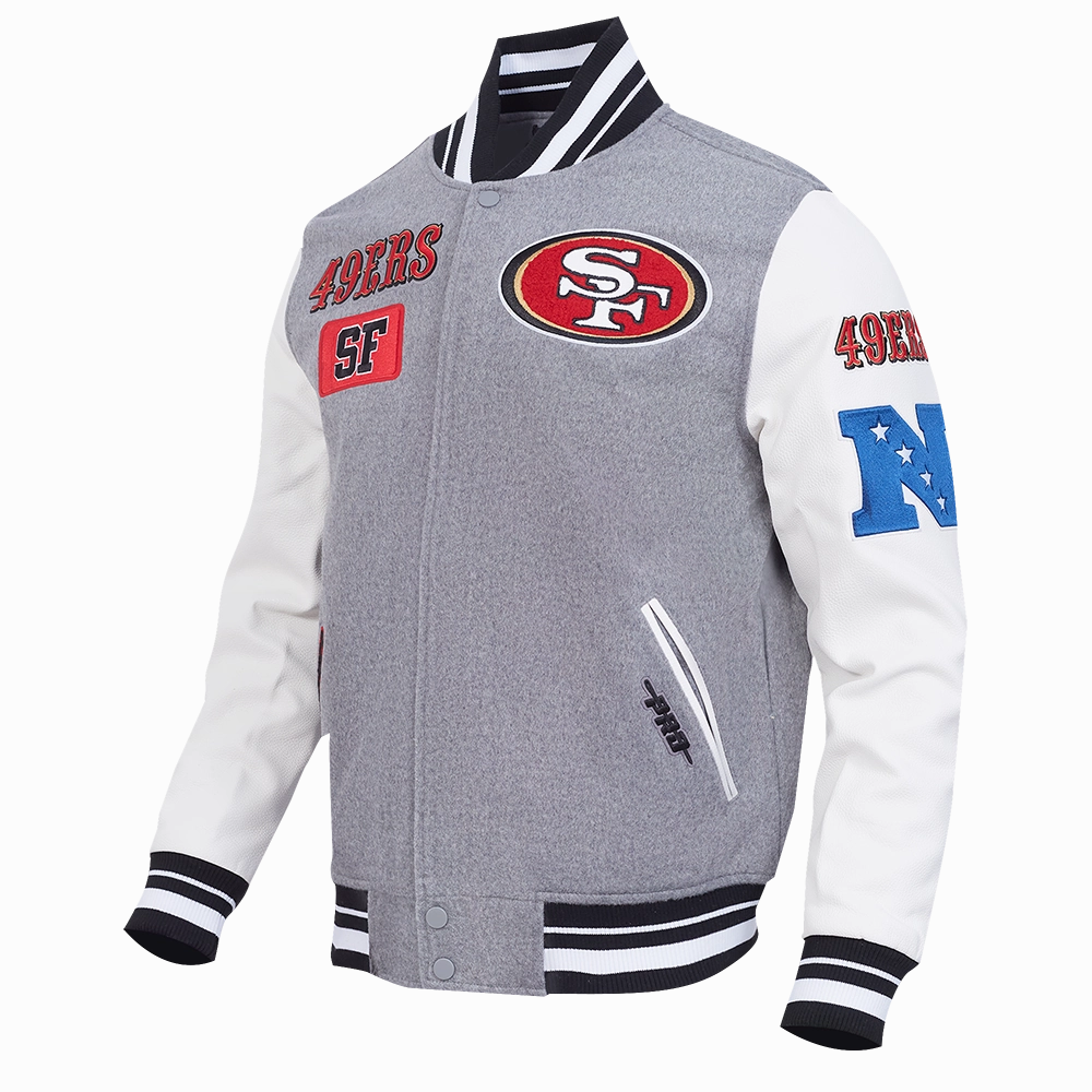 NFL SAN FRANCISCO 49ERS AREA CODE MEN'S RIB WOOL VARSITY JACKET (HEATHER GREY/WHITE/BLACK)
