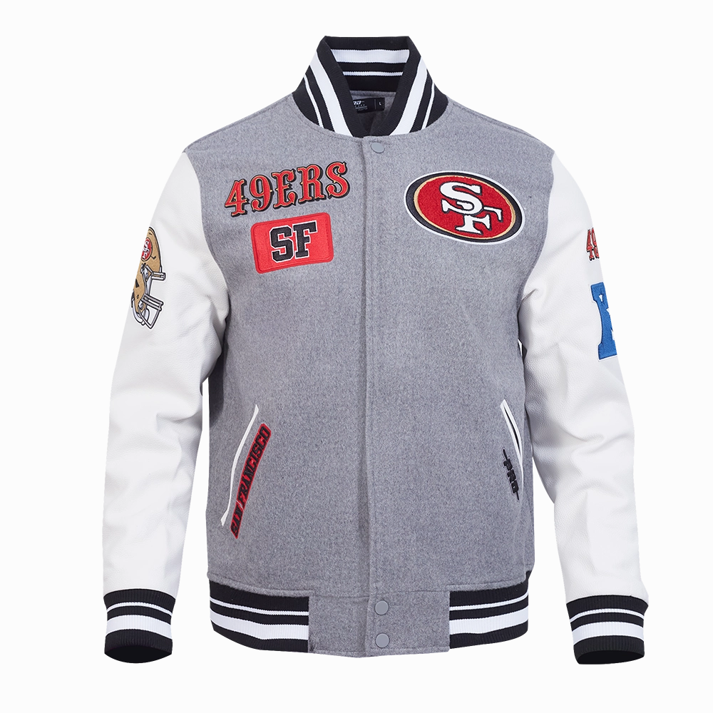 NFL SAN FRANCISCO 49ERS AREA CODE MEN'S RIB WOOL VARSITY JACKET (HEATHER GREY/WHITE/BLACK)