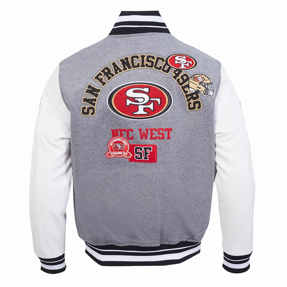 NFL SAN FRANCISCO 49ERS AREA CODE MEN'S RIB WOOL VARSITY JACKET (HEATHER GREY/WHITE/BLACK)