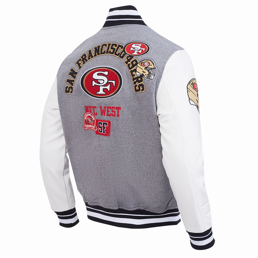 NFL SAN FRANCISCO 49ERS AREA CODE MEN'S RIB WOOL VARSITY JACKET (HEATHER GREY/WHITE/BLACK)