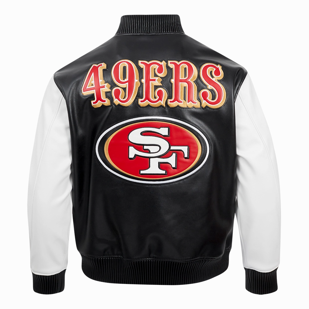 NFL SAN FRANCISCO 49ERS CITY SIGNATURE MEN'S LEATHER VARSITY JACKET (BLACK/WHITE)