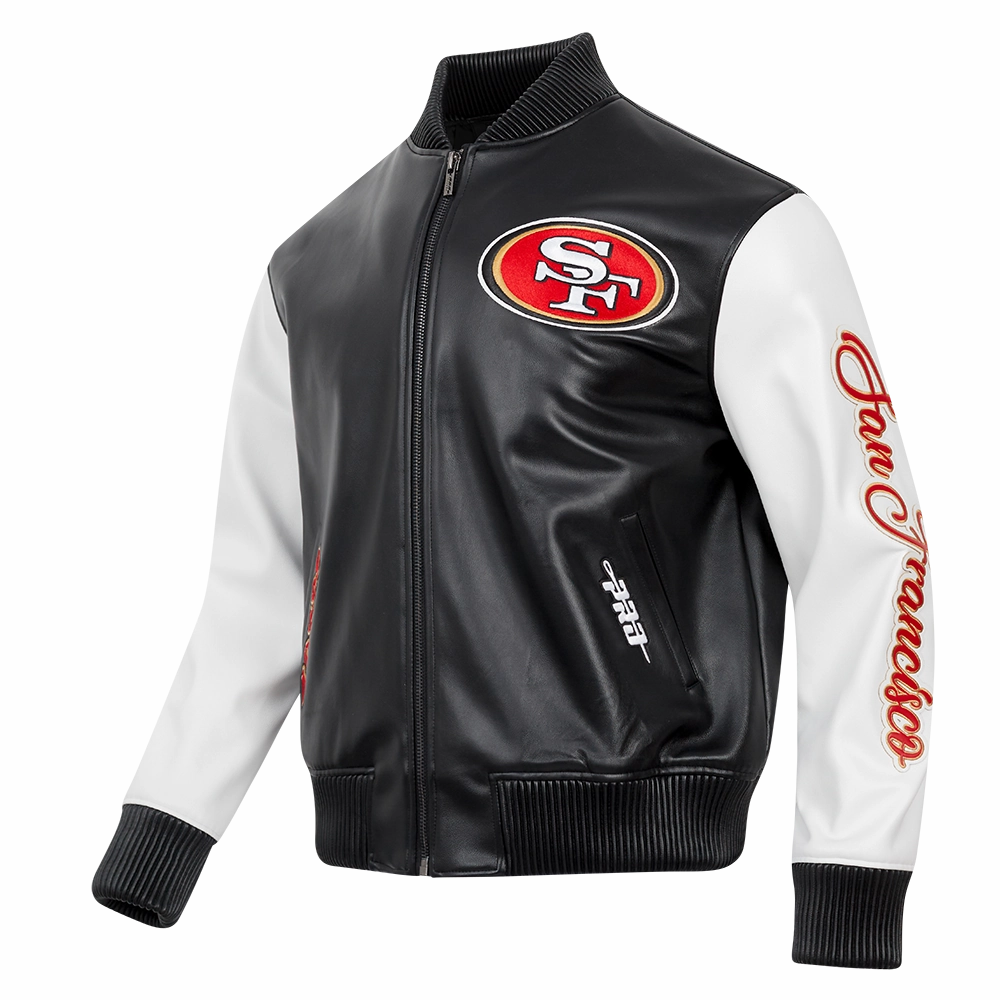 NFL SAN FRANCISCO 49ERS CITY SIGNATURE MEN'S LEATHER VARSITY JACKET (BLACK/WHITE)