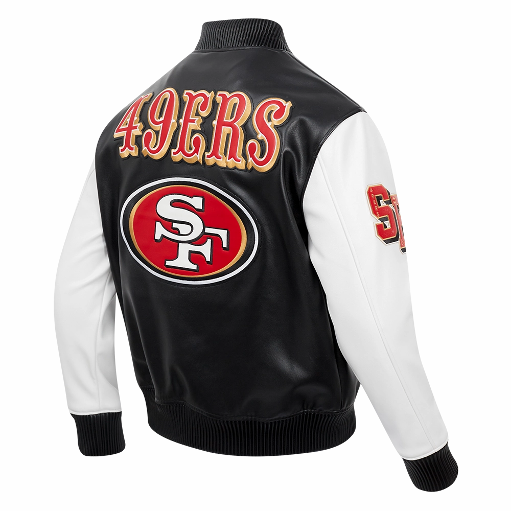 NFL SAN FRANCISCO 49ERS CITY SIGNATURE MEN'S LEATHER VARSITY JACKET (BLACK/WHITE)