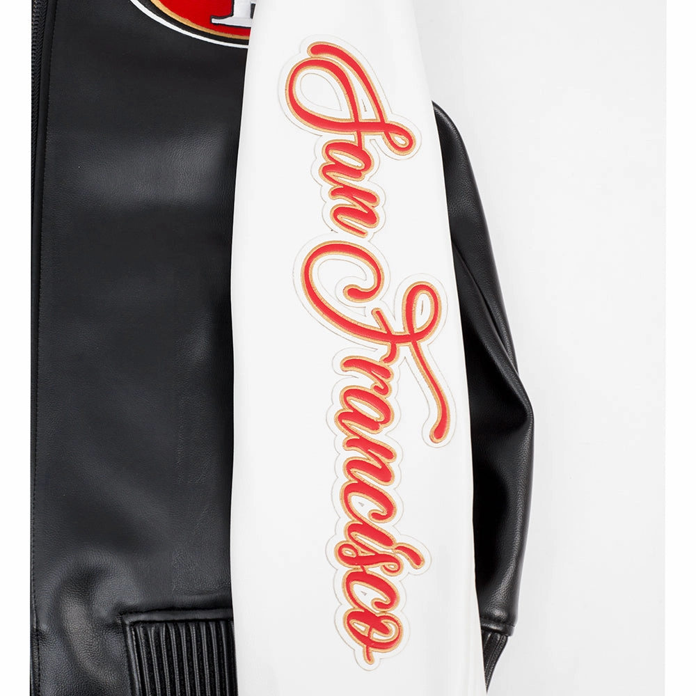NFL SAN FRANCISCO 49ERS CITY SIGNATURE MEN'S LEATHER VARSITY JACKET (BLACK/WHITE)