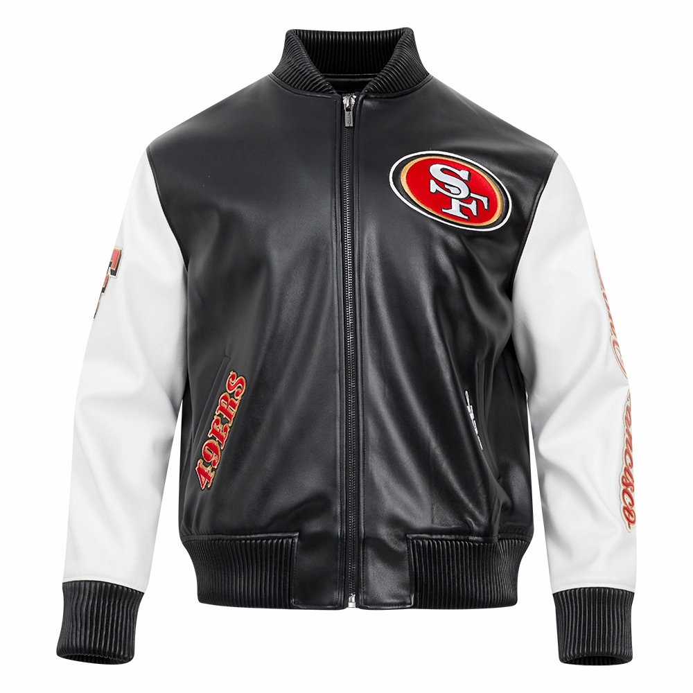 NFL SAN FRANCISCO 49ERS CITY SIGNATURE MEN'S LEATHER VARSITY JACKET (BLACK/WHITE)