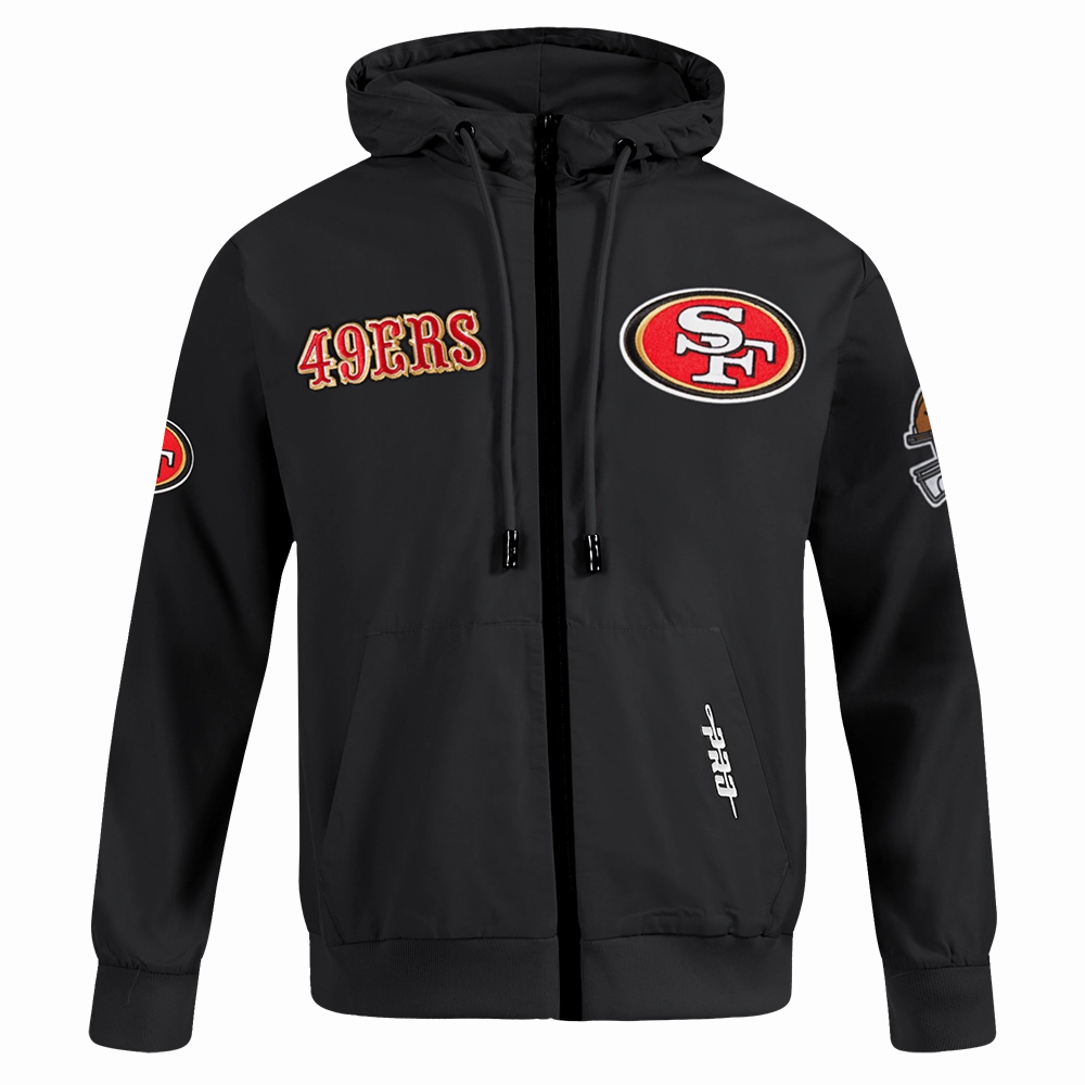 NFL SAN FRANCISCO 49ERS CLASSIC WIND SUIT MEN'S WOVEN FULL ZIP PULLOVER HOODIE (BLACK)