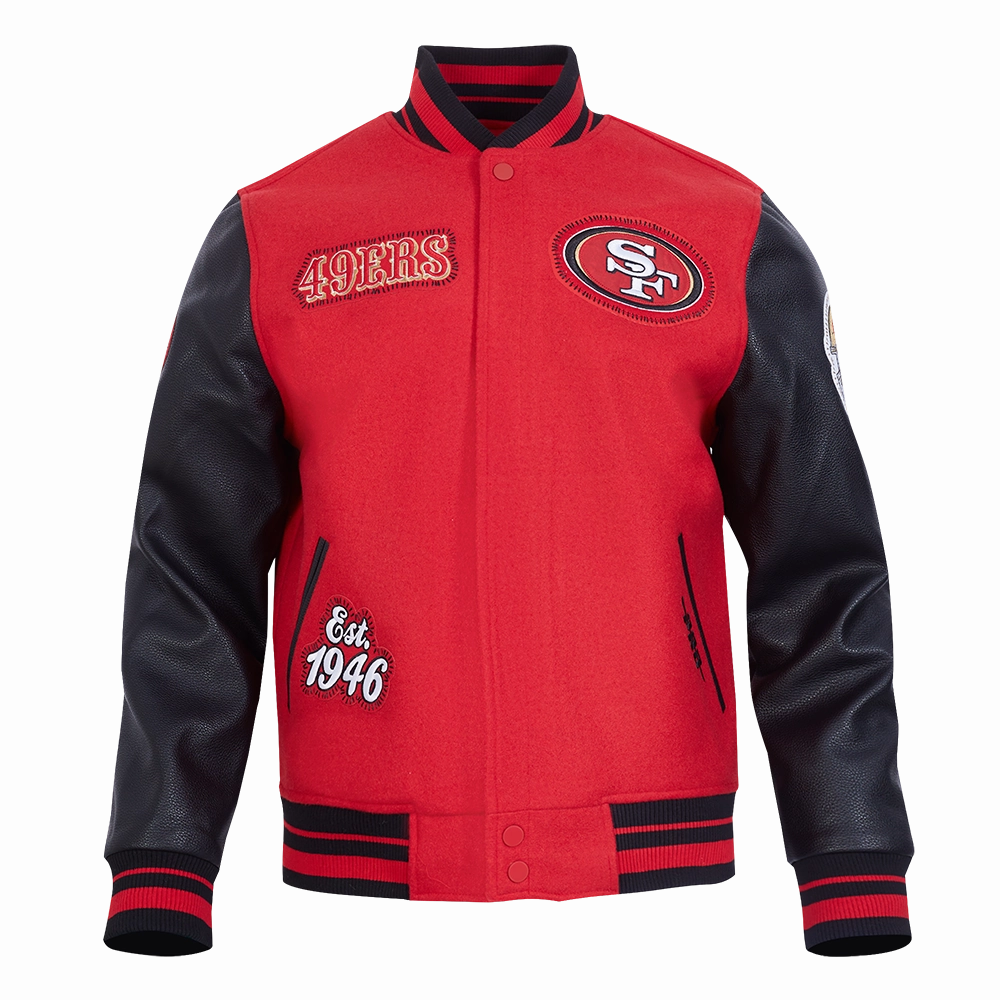 NFL SAN FRANCISCO 49ERS DIY PICK STITCH MEN'S RIB WOOL VARSITY JACKET (RED/BLACK)