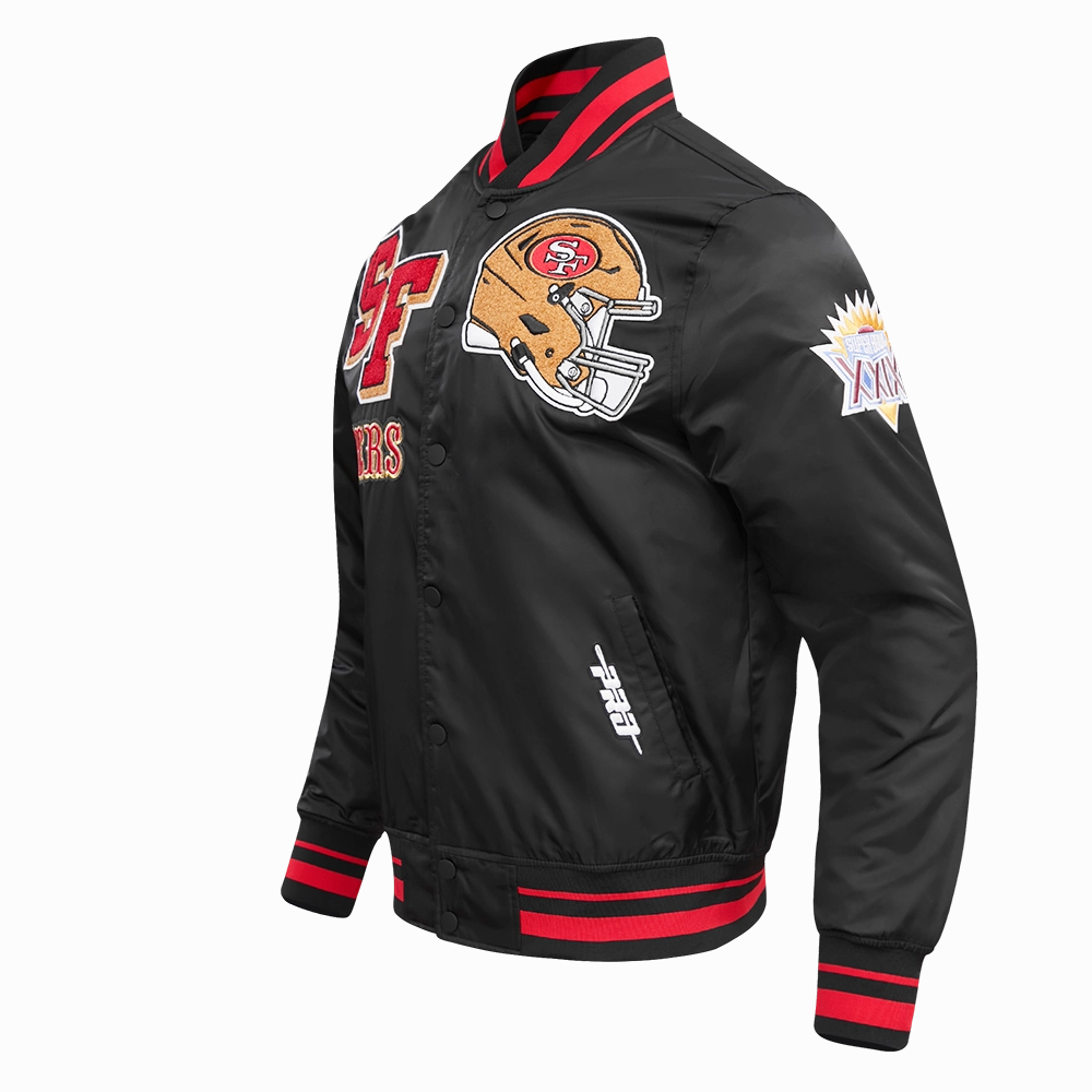 NFL SAN FRANCISCO 49ERS MASHUP MEN'S RIB SATIN JACKET (BLACK/RED/BLACK)
