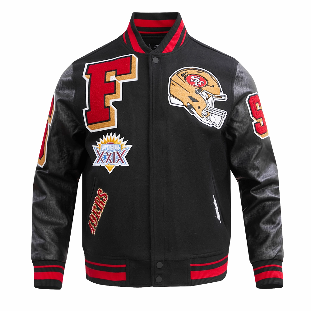 NFL SAN FRANCISCO 49ERS MASHUP MEN'S RIB WOOL VARSITY JACKET (BLACK/RED/BLACK)