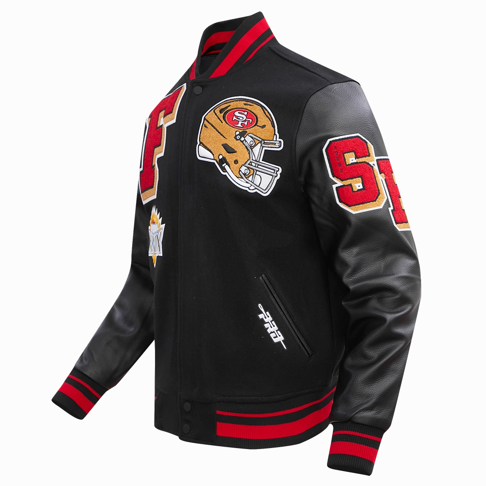 NFL SAN FRANCISCO 49ERS MASHUP MEN'S RIB WOOL VARSITY JACKET (BLACK/RED/BLACK)