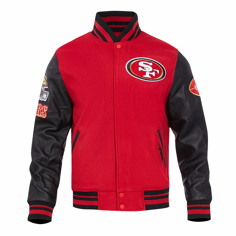 NFL SAN FRANCISCO 49ERS OLD ENGLISH MEN'S RIB WOOL VARSITY JACKET (RED/BLACK)