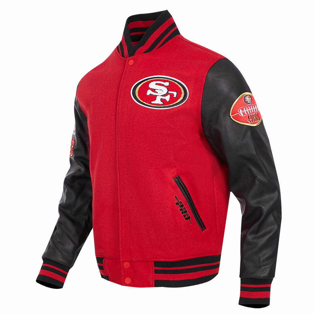 NFL SAN FRANCISCO 49ERS OLD ENGLISH MEN'S RIB WOOL VARSITY JACKET (RED/BLACK)