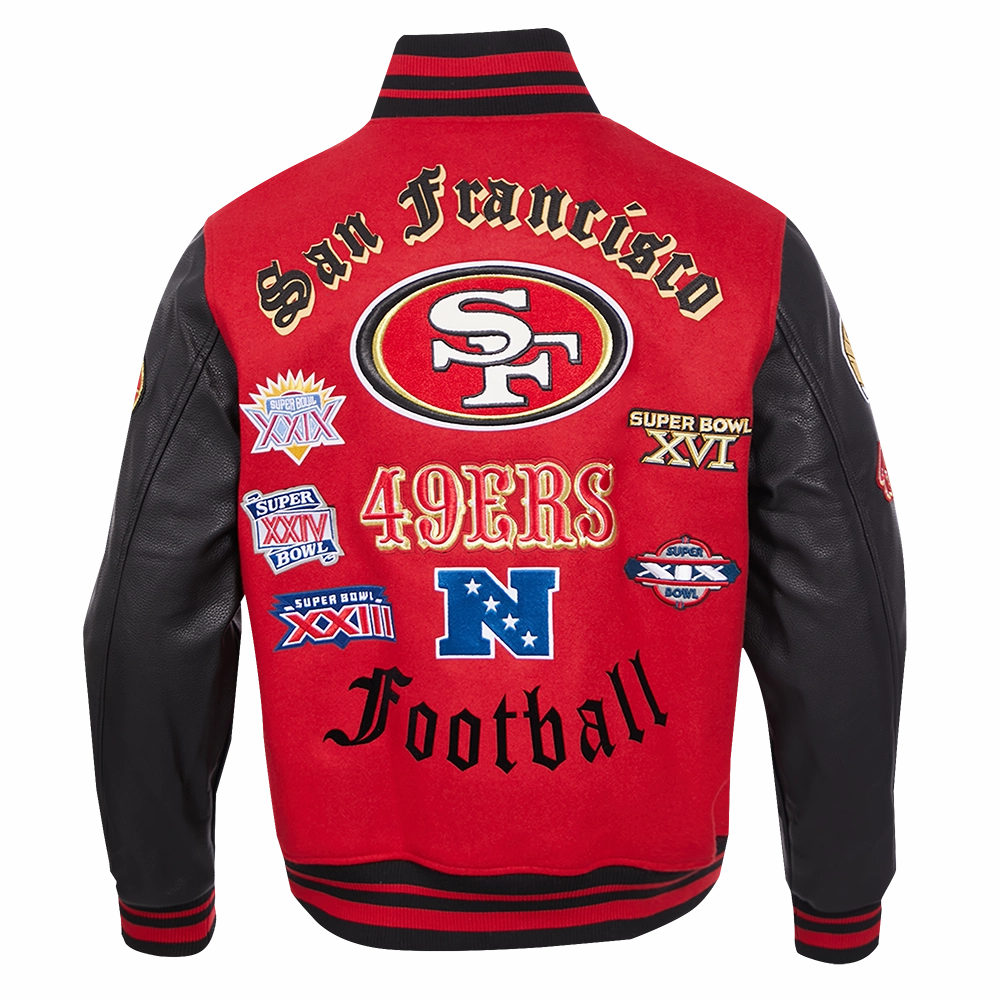 NFL SAN FRANCISCO 49ERS OLD ENGLISH MEN'S RIB WOOL VARSITY JACKET (RED/BLACK)