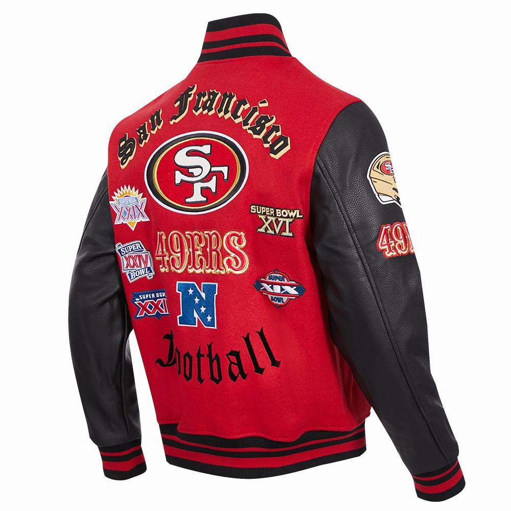 NFL SAN FRANCISCO 49ERS OLD ENGLISH MEN'S RIB WOOL VARSITY JACKET (RED/BLACK)