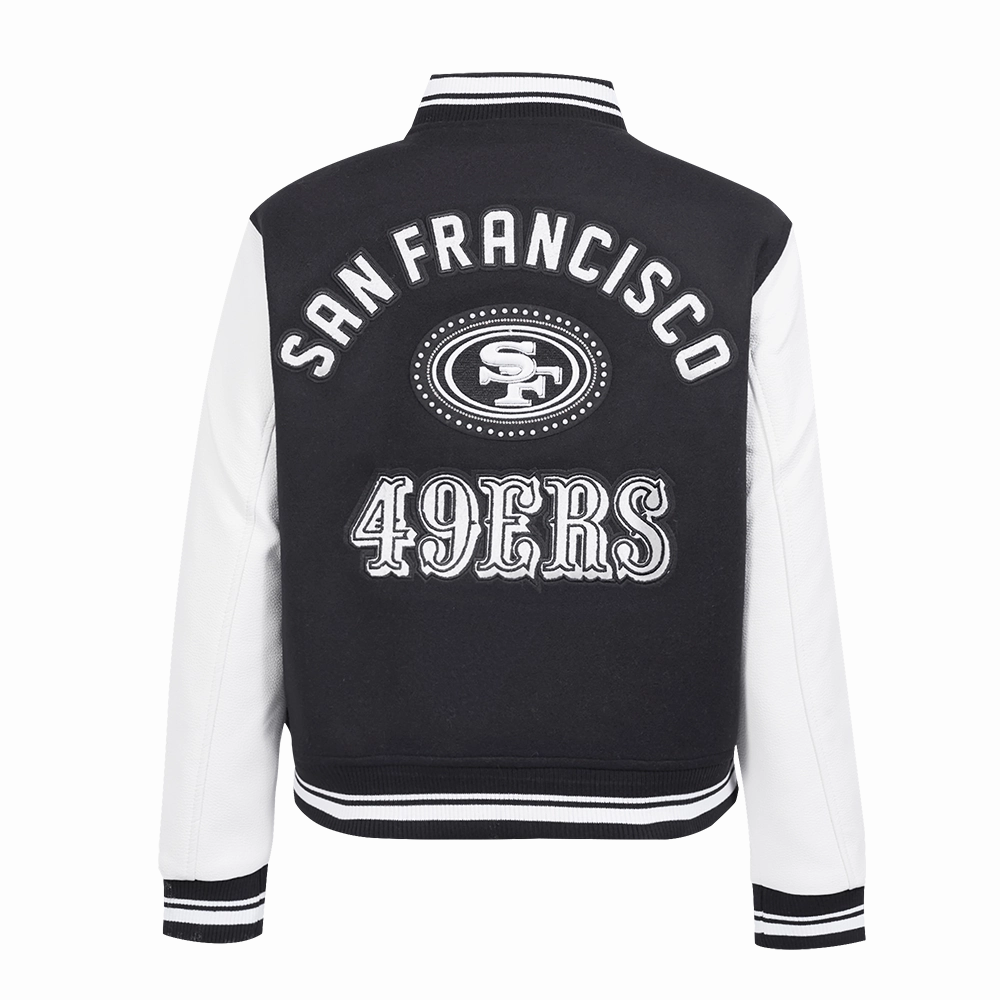 NFL SAN FRANCISCO 49ERS PEARLS WOMEN'S RIB WOOL VARSITY JACKET (BLACK/WHITE)