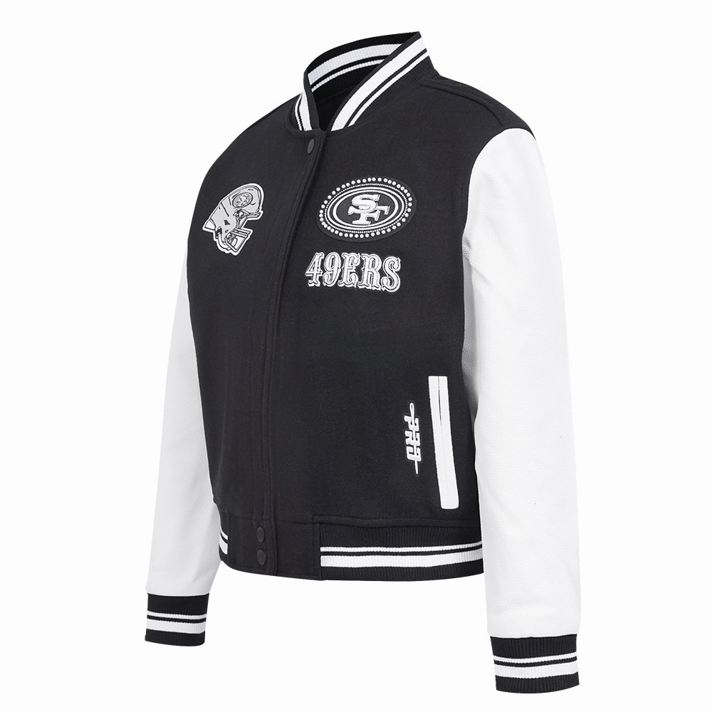 NFL SAN FRANCISCO 49ERS PEARLS WOMEN'S RIB WOOL VARSITY JACKET (BLACK/WHITE)