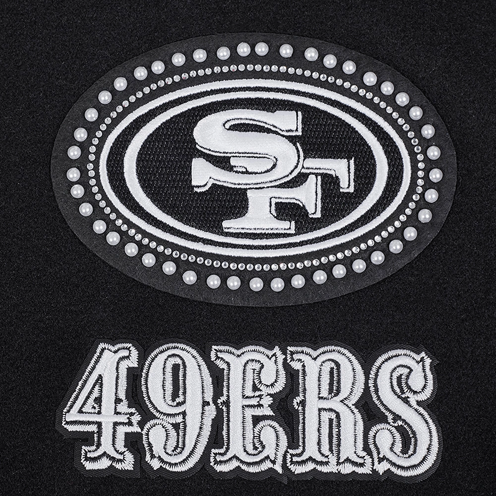NFL SAN FRANCISCO 49ERS PEARLS WOMEN'S RIB WOOL VARSITY JACKET (BLACK/WHITE)