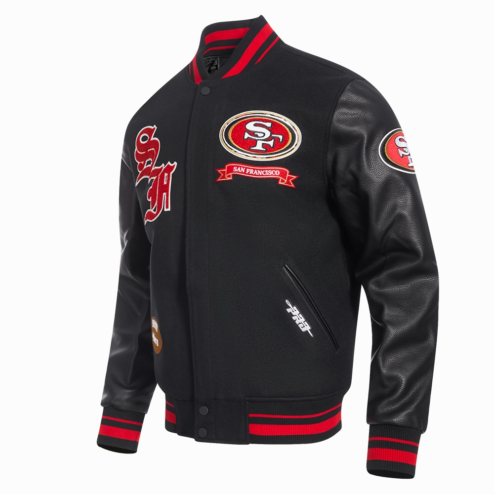 NFL SAN FRANCISCO 49ERS PRO PREP MEN'S WOOL VARSITY JACKET (BLACK/RED/BLACK)