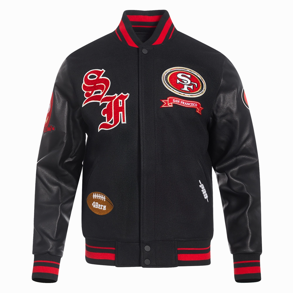 NFL SAN FRANCISCO 49ERS PRO PREP MEN'S WOOL VARSITY JACKET (BLACK/RED/BLACK)