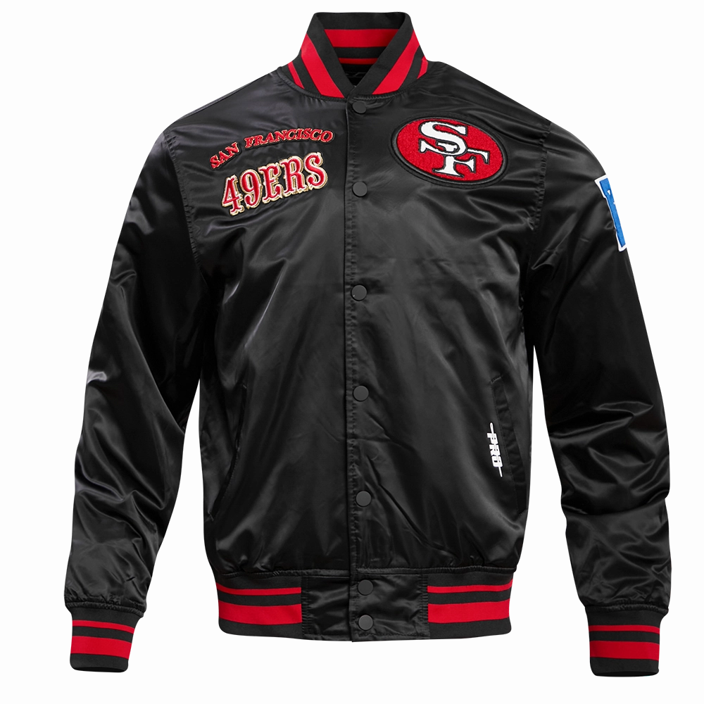 NFL SAN FRANCISCO 49ERS RETRO CLASSIC MEN'S RIB SATIN JACKET (BLACK/RED/BLACK)
