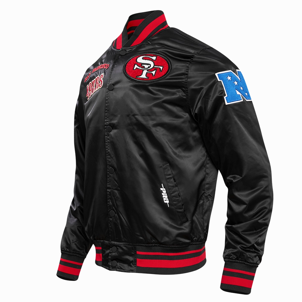NFL SAN FRANCISCO 49ERS RETRO CLASSIC MEN'S RIB SATIN JACKET (BLACK/RED/BLACK)