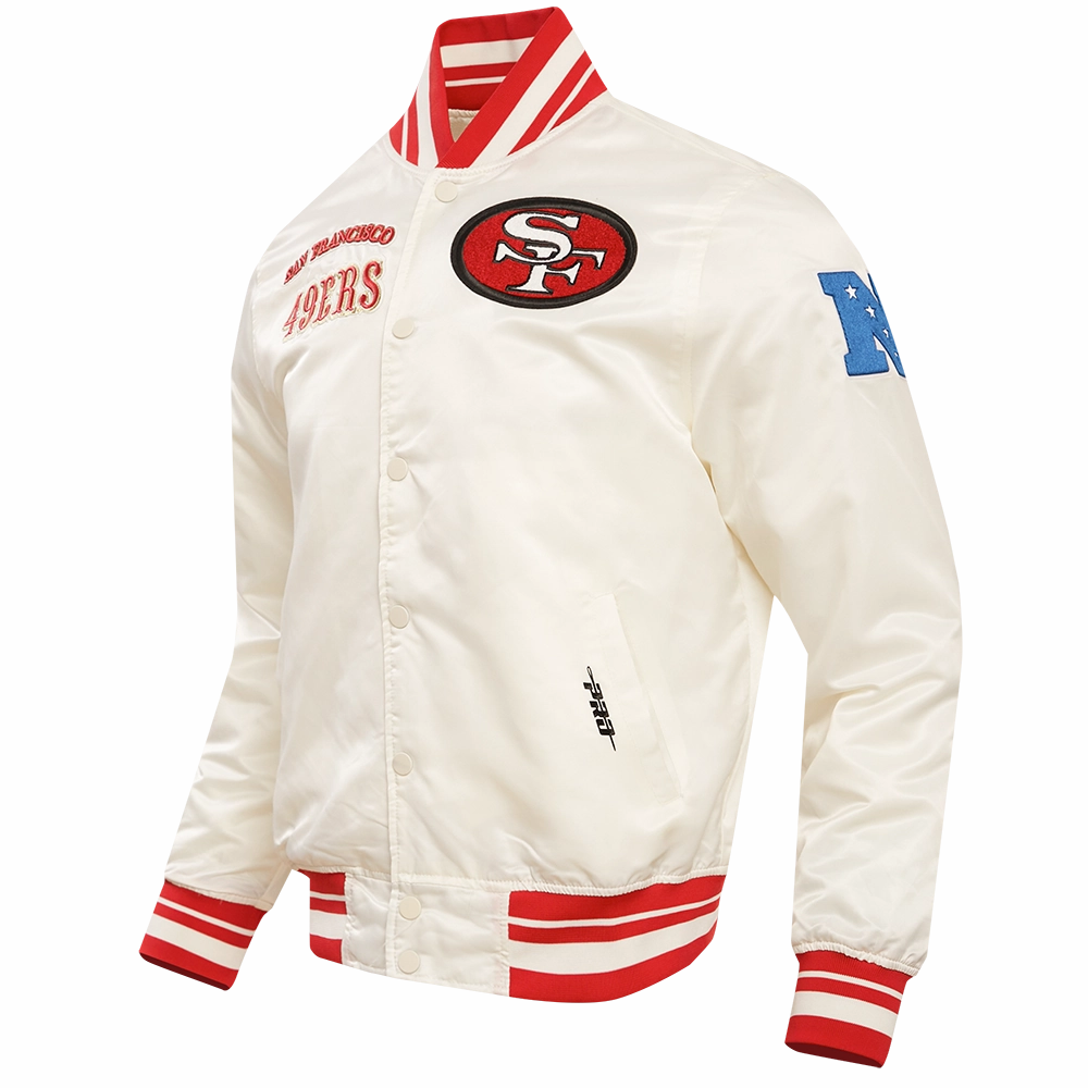 NFL SAN FRANCISCO 49ERS RETRO CLASSIC MEN'S RIB SATIN JACKET (EGGSHELL/ RED)