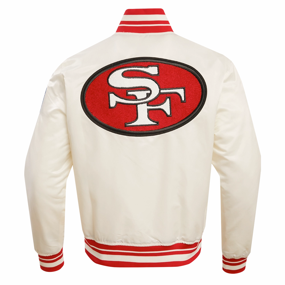 NFL SAN FRANCISCO 49ERS RETRO CLASSIC MEN'S RIB SATIN JACKET (EGGSHELL/ RED)