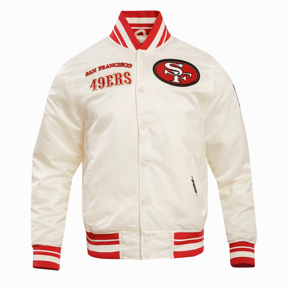 NFL SAN FRANCISCO 49ERS RETRO CLASSIC MEN'S RIB SATIN JACKET (EGGSHELL/ RED)