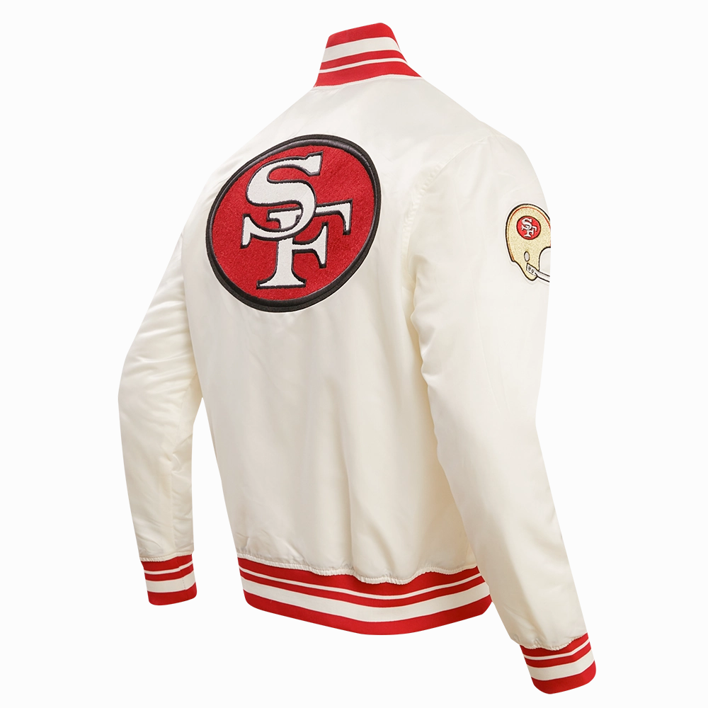 NFL SAN FRANCISCO 49ERS RETRO CLASSIC MEN'S RIB SATIN JACKET (EGGSHELL/ RED)
