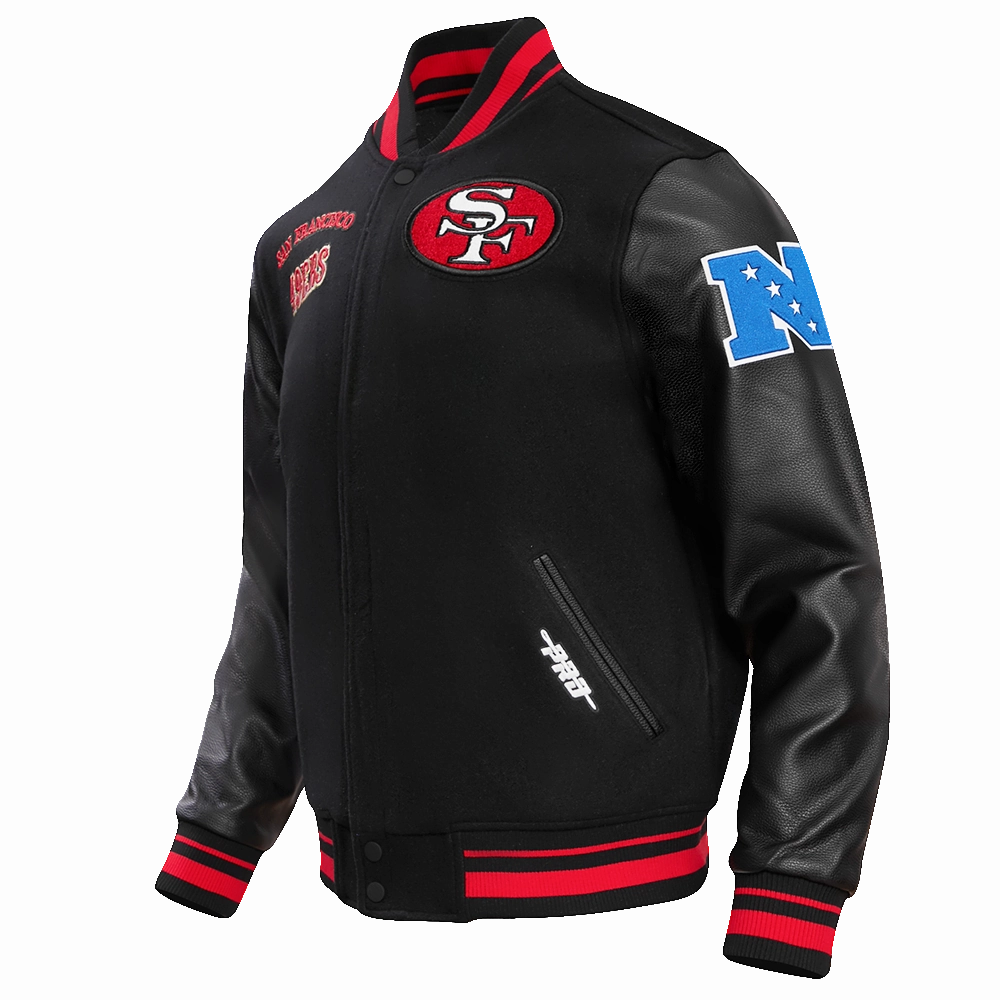 NFL SAN FRANCISCO 49ERS RETRO CLASSIC MEN'S RIB WOOL VARSITY JACKET (BLACK/RED/BLACK)