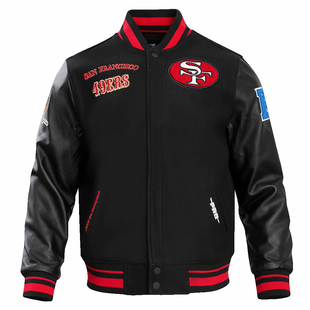 NFL SAN FRANCISCO 49ERS RETRO CLASSIC MEN'S RIB WOOL VARSITY JACKET (BLACK/RED/BLACK)