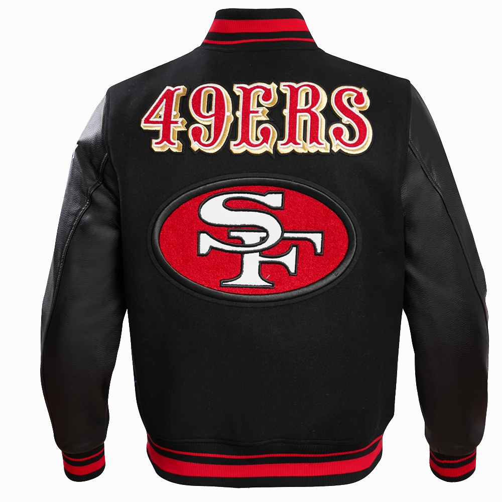 NFL SAN FRANCISCO 49ERS RETRO CLASSIC MEN'S RIB WOOL VARSITY JACKET (BLACK/RED/BLACK)