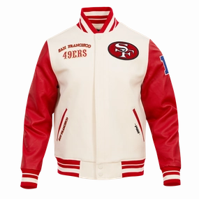 NFL SAN FRANCISCO 49ERS RETRO CLASSIC MEN'S RIB WOOL VARSITY JACKET (EGGSHELL/ RED)