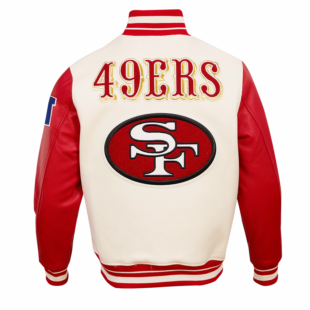 NFL SAN FRANCISCO 49ERS RETRO CLASSIC MEN'S RIB WOOL VARSITY JACKET (EGGSHELL/ RED)