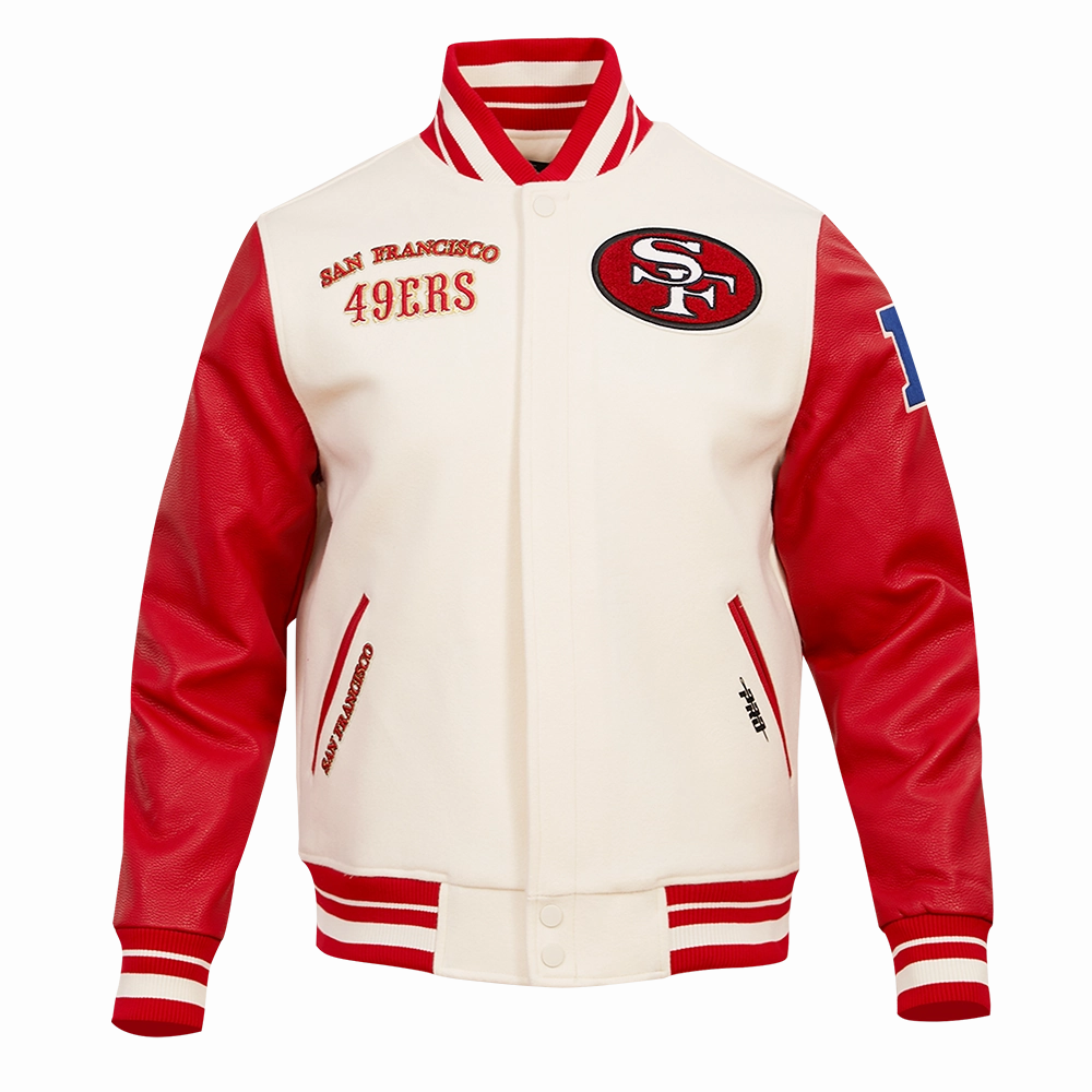 NFL SAN FRANCISCO 49ERS RETRO CLASSIC MEN'S RIB WOOL VARSITY JACKET (EGGSHELL/ RED)