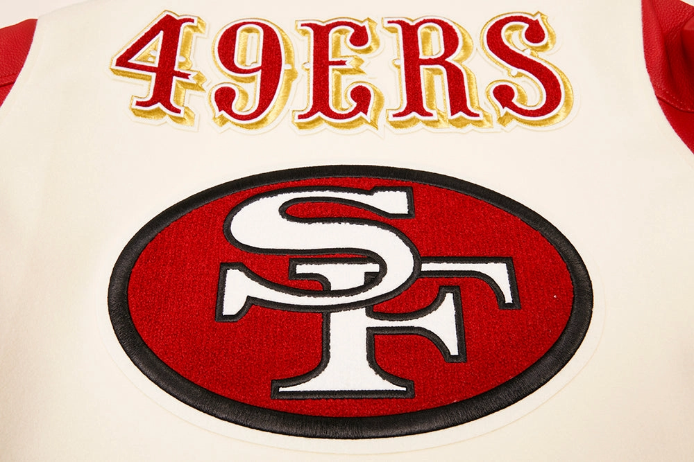 NFL SAN FRANCISCO 49ERS RETRO CLASSIC MEN'S RIB WOOL VARSITY JACKET (EGGSHELL/ RED)
