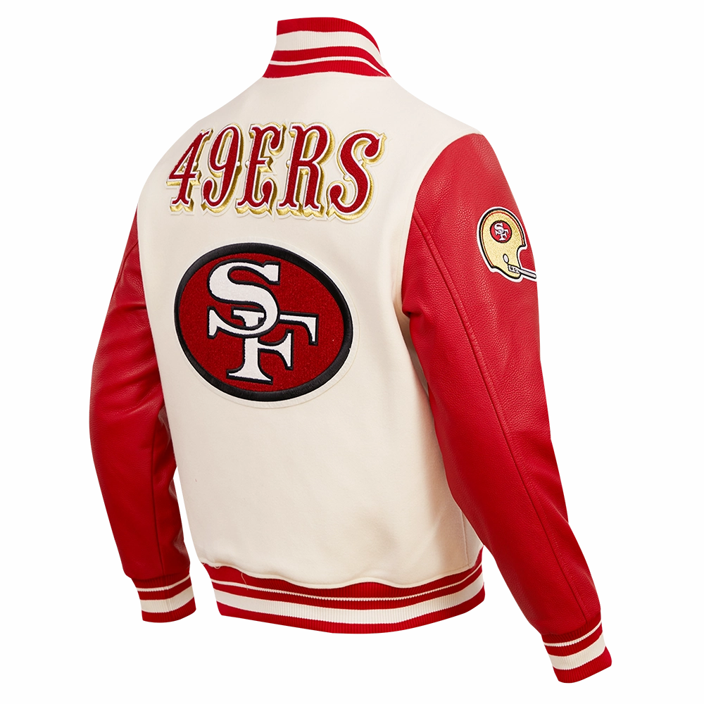 NFL SAN FRANCISCO 49ERS RETRO CLASSIC MEN'S RIB WOOL VARSITY JACKET (EGGSHELL/ RED)
