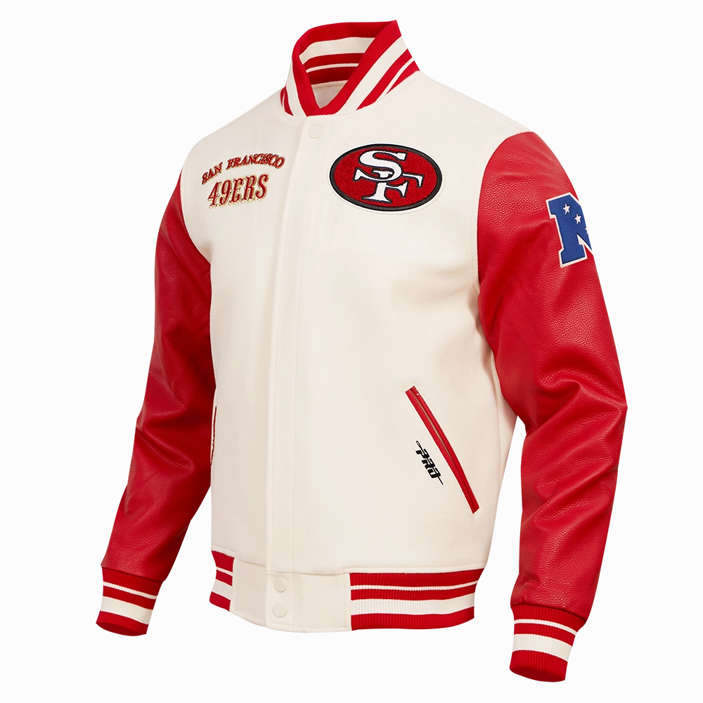 NFL SAN FRANCISCO 49ERS RETRO CLASSIC MEN'S RIB WOOL VARSITY JACKET (EGGSHELL/ RED)