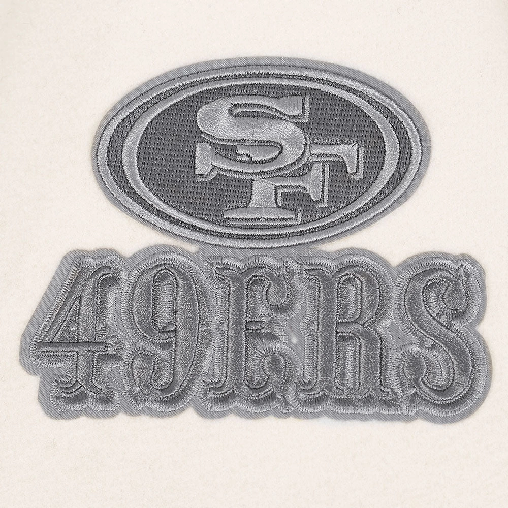 NFL SAN FRANCISCO 49ERS REVERSE FRENCH TERRY MEN'S COLOR BLOCK WOOL VARSITY JACKET (BLACK/GRAY/EGGSHELL)