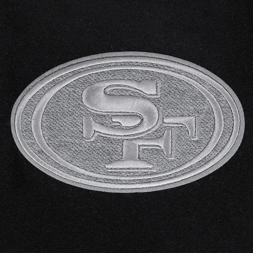 NFL SAN FRANCISCO 49ERS REVERSE FRENCH TERRY MEN'S COLOR BLOCK WOOL VARSITY JACKET (BLACK/GRAY/EGGSHELL)