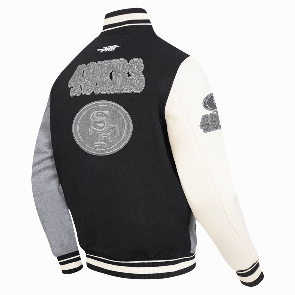 NFL SAN FRANCISCO 49ERS REVERSE FRENCH TERRY MEN'S COLOR BLOCK WOOL VARSITY JACKET (BLACK/GRAY/EGGSHELL)