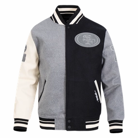 NFL SAN FRANCISCO 49ERS REVERSE FRENCH TERRY MEN'S COLOR BLOCK WOOL VARSITY JACKET (BLACK/GRAY/EGGSHELL)