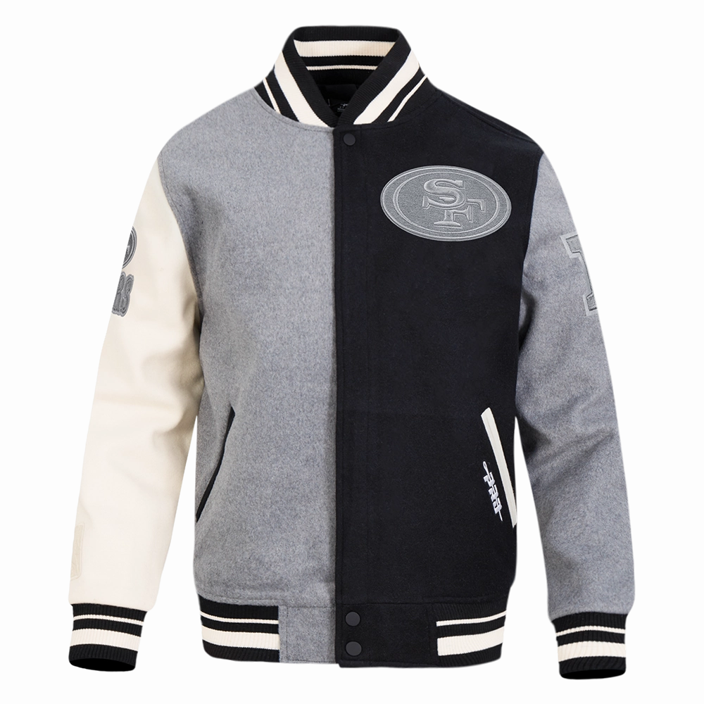 NFL SAN FRANCISCO 49ERS REVERSE FRENCH TERRY MEN'S COLOR BLOCK WOOL VARSITY JACKET (BLACK/GRAY/EGGSHELL)