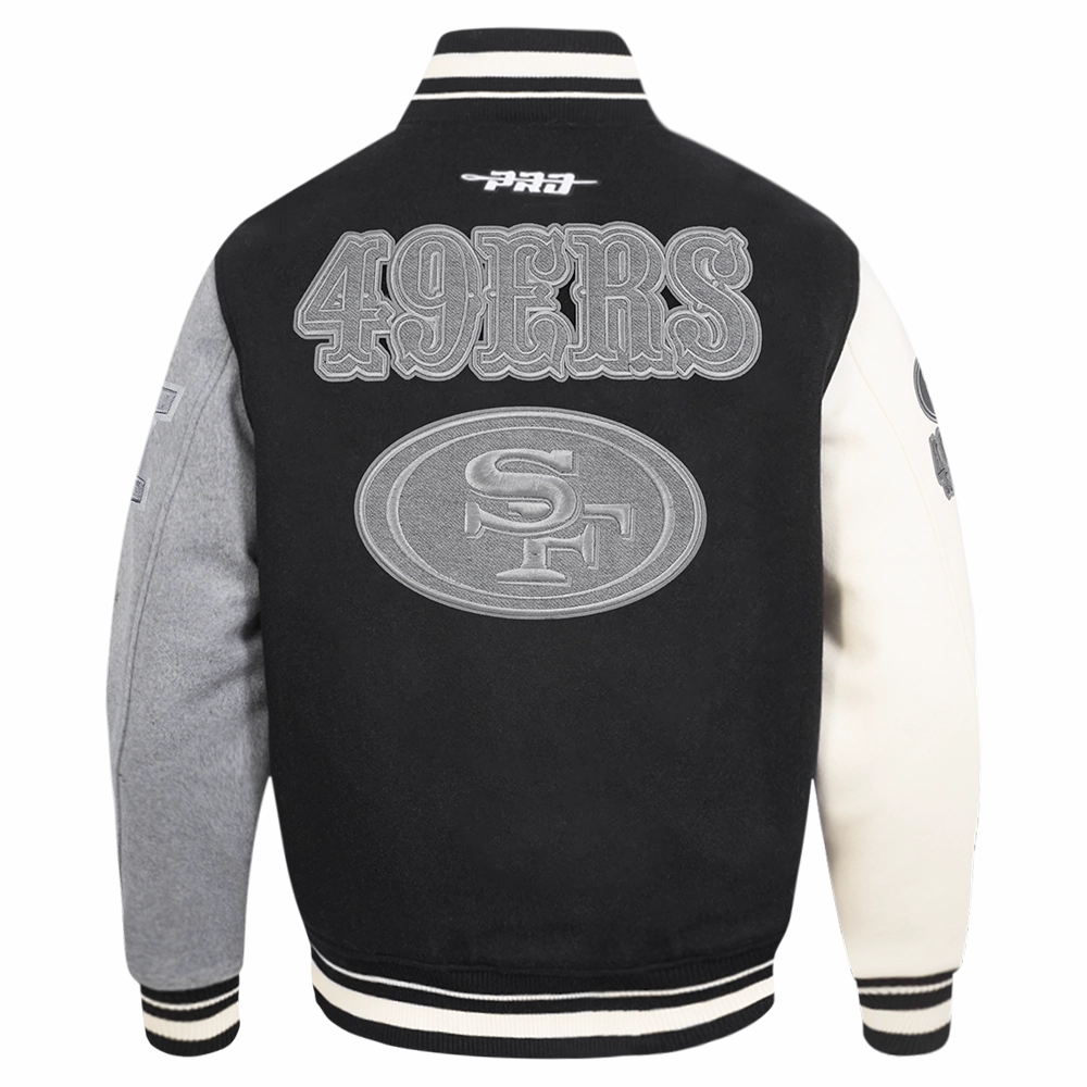 NFL SAN FRANCISCO 49ERS REVERSE FRENCH TERRY MEN'S COLOR BLOCK WOOL VARSITY JACKET (BLACK/GRAY/EGGSHELL)